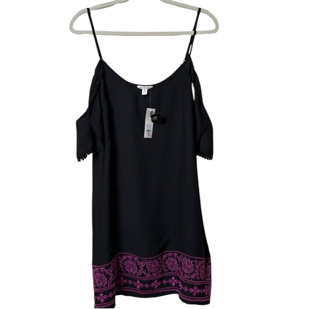Nwt Mi Ami Medium Black Cold Shoulder Magenta Embroidered Mini Dress Spaghetti